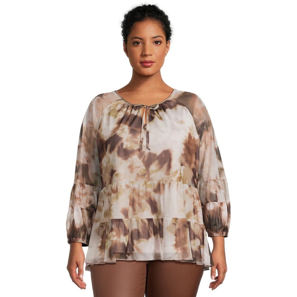 Terra & Sky Women's Plus size 1X Print Mesh Peasant Top w/Long Sleeves Brown